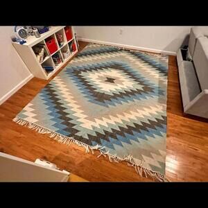 Indoor/outdoor 10x8.5 Blue Flat Weave area rug – Handwoven Geometric - Southwest
